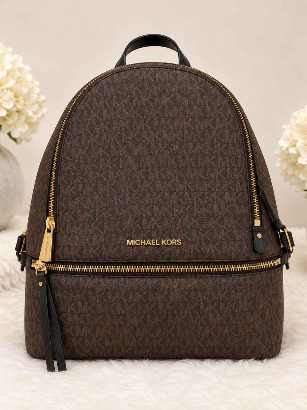 Michael Kors Rhea Zip Medium Backpack Brown Black MK Logo NWT